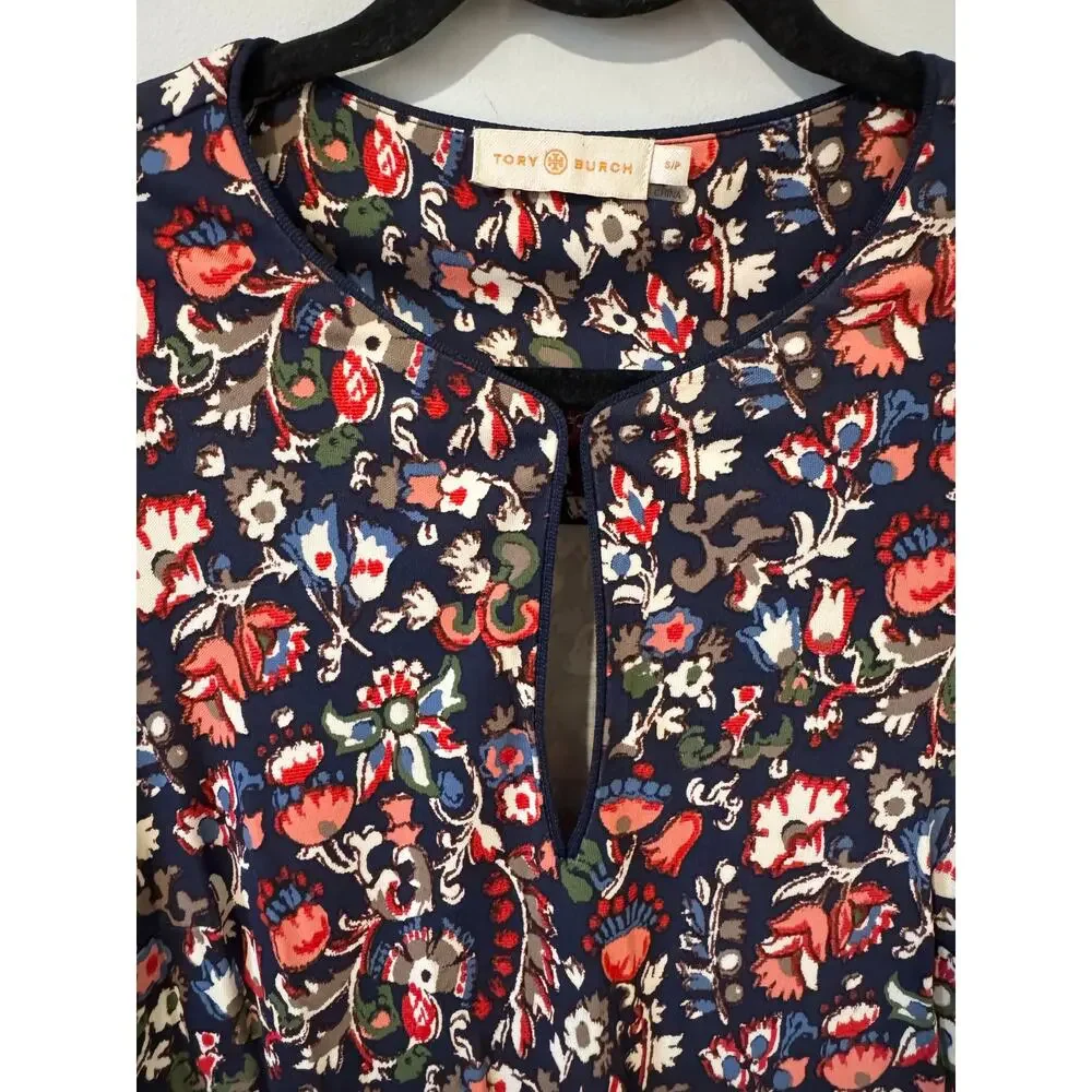 Tory Burch Navy Floral Shift Dress Long Sleeve Keyhole Neck Rayon Size small
